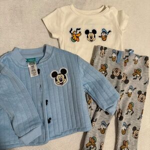 Disney Baby Blue, Cream & Gray Mickey 3-Piece Outfit Set